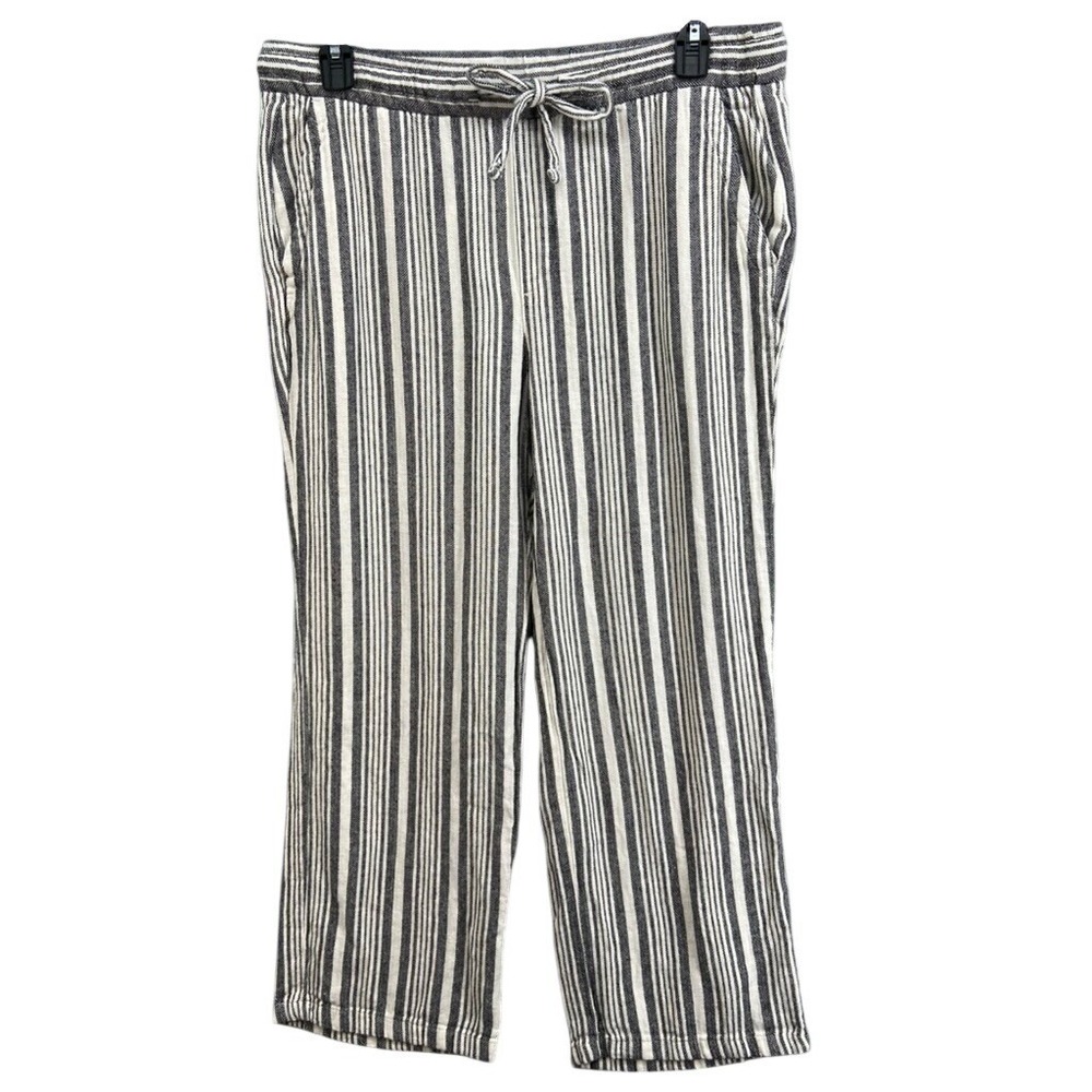 OLD NAVY Pants Womens Sz L Linen Blend Ankle‎ Striped Wide Leg Casual Pockets